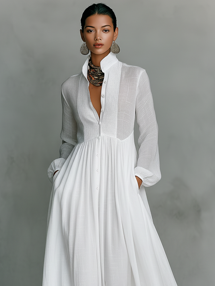 Minimalist Maxi Dress in Cotton and Linen with Patchwork, Stand-up Collar and Long Sleeves