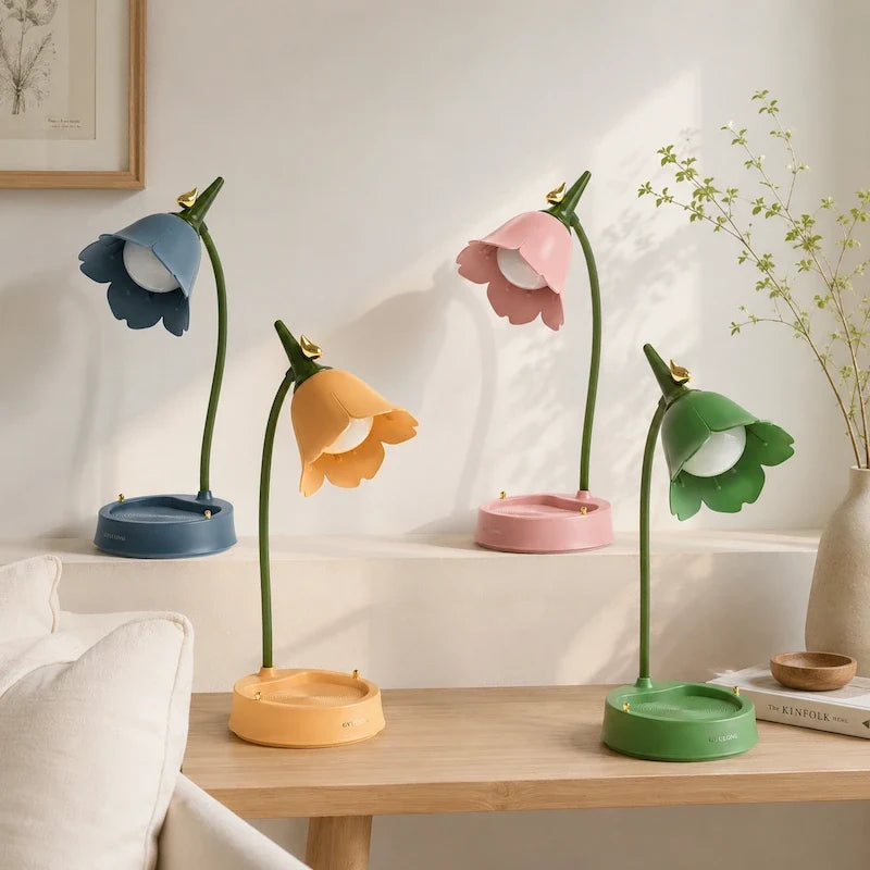 Flowerette Schreibtischlampe mit Blumen-Design und Vogelakzent