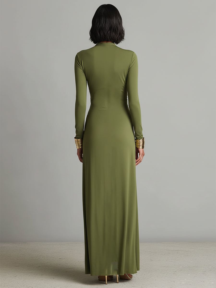 Long Olive Green Dress in Elastic Silk with Deep V-Neck and Gathered Details, Glamorous Maxi Dress
