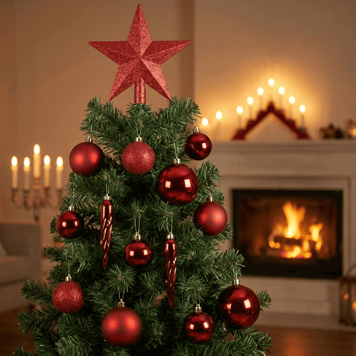 Christbaumkollektion Rot 33-tlg. (Ø 8 cm) inkl. Spitze (Ø 19 cm)