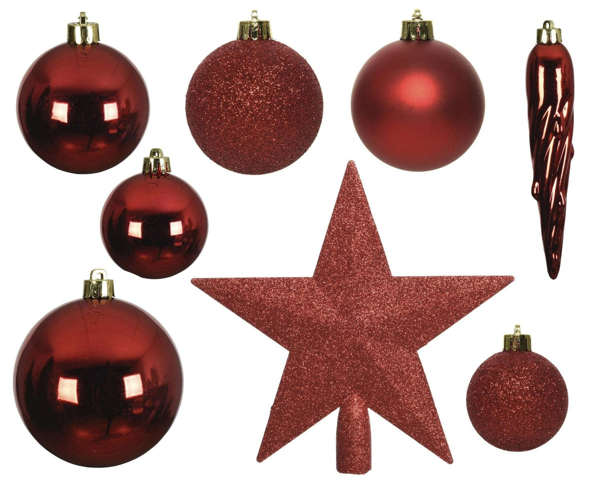 Christbaumkollektion Rot 33-tlg. (Ø 8 cm) inkl. Spitze (Ø 19 cm)