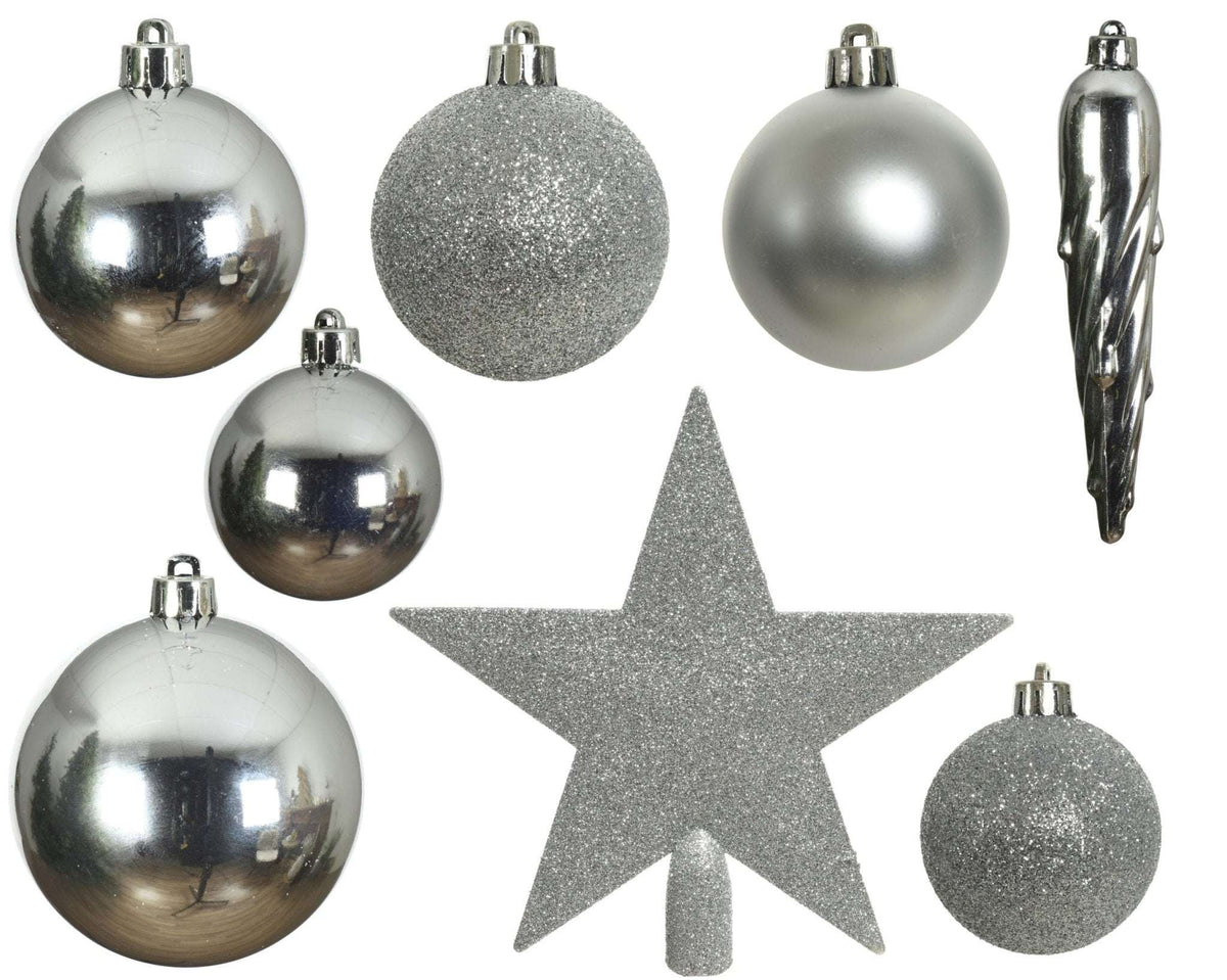 Christbaumkollektion Silber 33-tlg. (Ø 8 cm) inkl. Spitze (Ø 19 cm)
