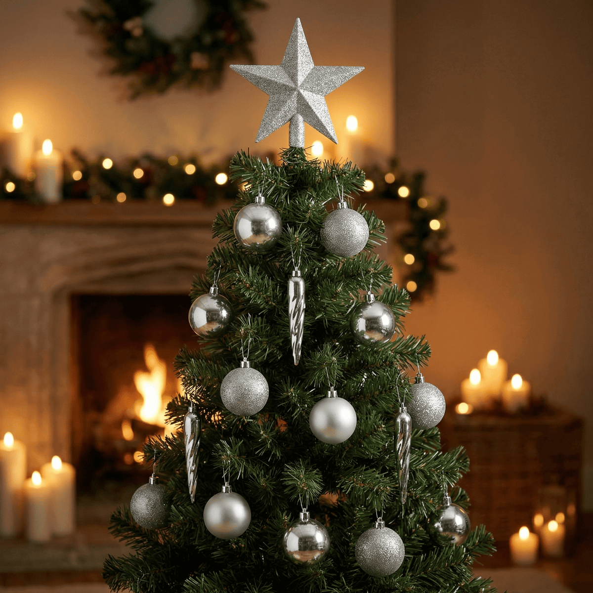 Christbaumkollektion Silber 33-tlg. (Ø 8 cm) inkl. Spitze (Ø 19 cm)
