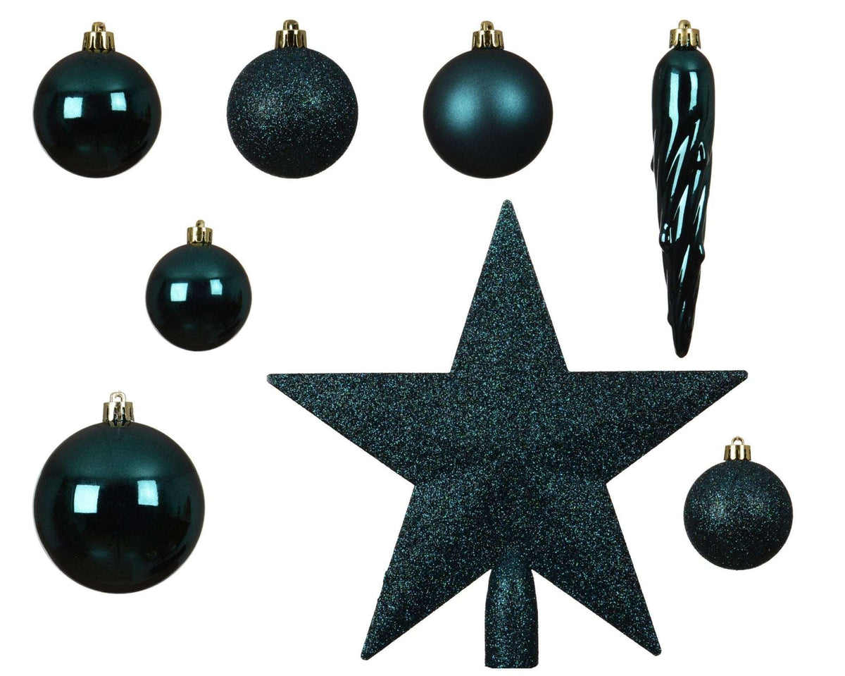 Christbaumkollektion Smaragd 33-tlg. (Ø 8 cm) inkl. Spitze (Ø 19 cm)
