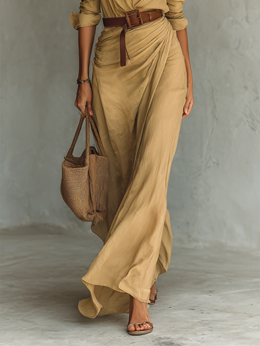 Long Maxi Dress with Lapel Collar and Long Sleeves for Women