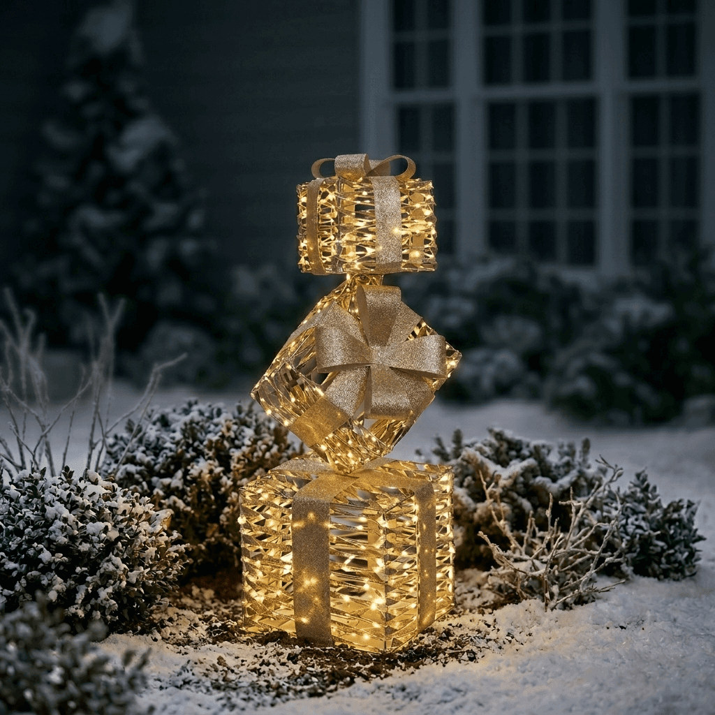 Deko-Geschenketurm mit LED in Gold (73 x 25 x 25 cm) Indoor/Outdoor