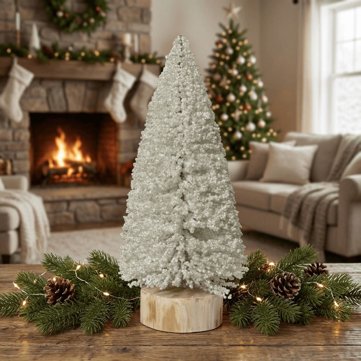 Deko-Tannenbaum Weiß/Perlmutt auf Holzsockel groß (32 cm)