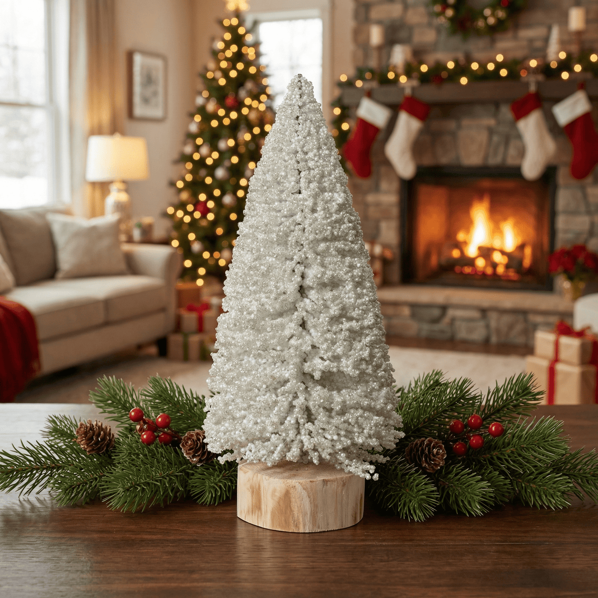 Mini-Weihnachtsbäume Pearls - Sparset, 24 cm und 32 cm, weiß mit Holzsockel