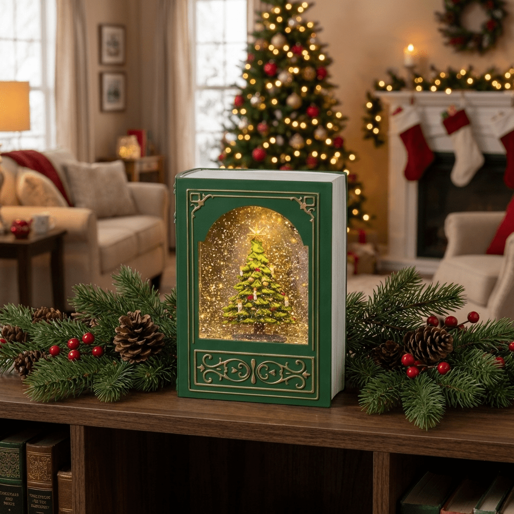 LED-Weihnachts-Dekobuch mit zauberhaft glitzerndem Schneeeffekt und Musik (23,5 x 17 x 7 cm)