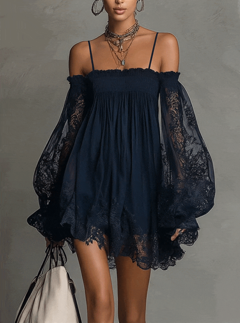 Noemi - Navy blue chiffon mini dress with off-the-shoulder neckline, lace edge and sheer sleeves
