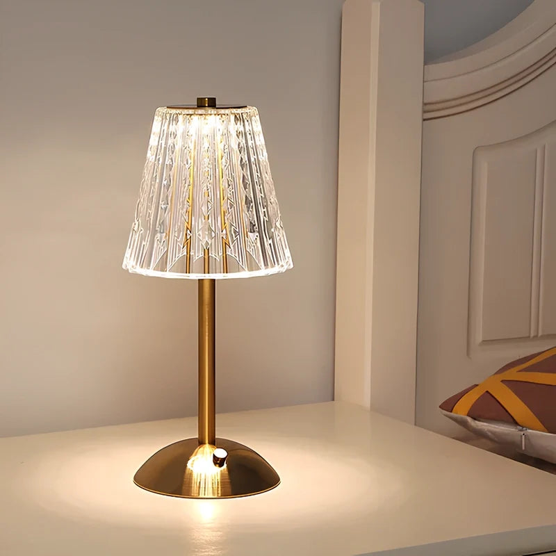 Kristalltischlampe mit Touchdimmer und Akku, goldfarben