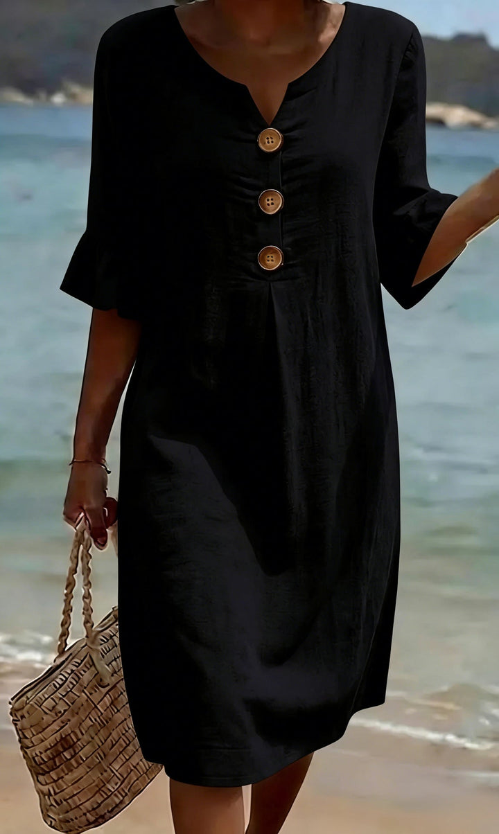 Camille | Elegant Buttoned Linen And Cotton Dress