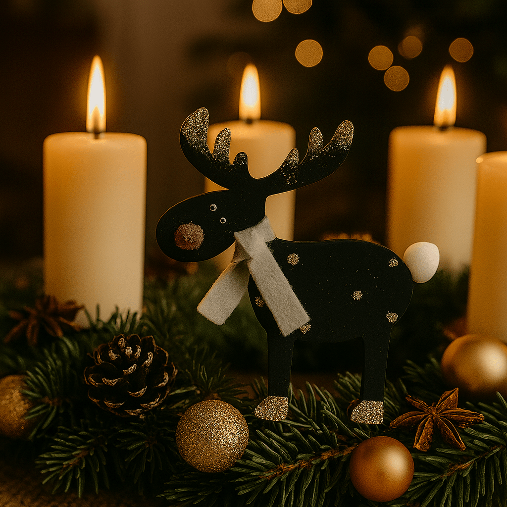 Festliche Rentieranhänger – 6er-Set aus Holz mit goldenen Glitzerdetails