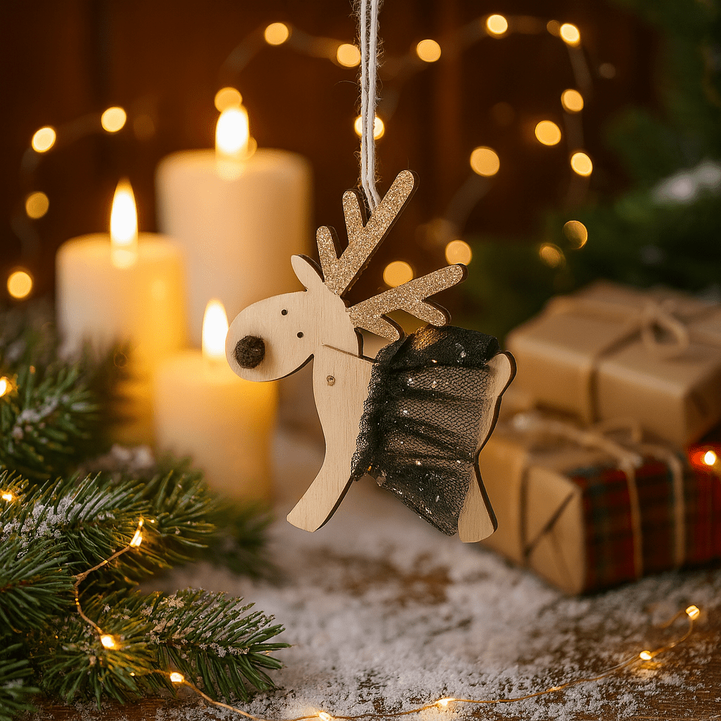 Festliche Rentieranhänger – 6er-Set aus Holz mit goldenen Glitzerdetails