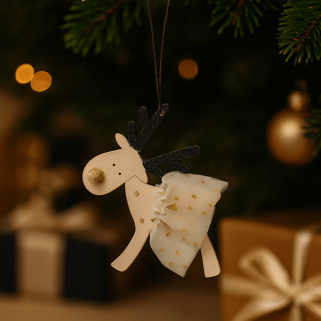 Festliche Rentieranhänger – 6er-Set aus Holz mit goldenen Glitzerdetails