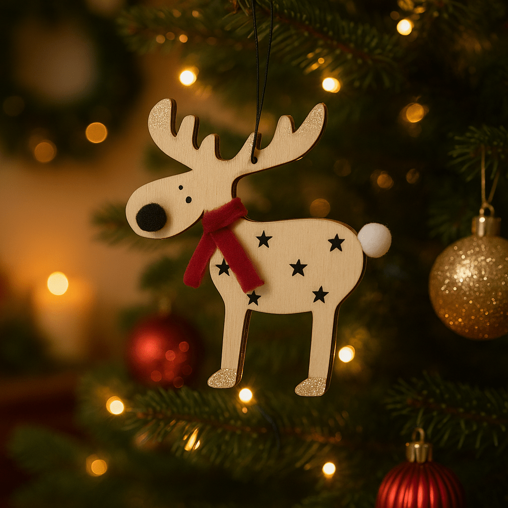 Festliche Rentieranhänger – 6er-Set aus Holz mit goldenen Glitzerdetails