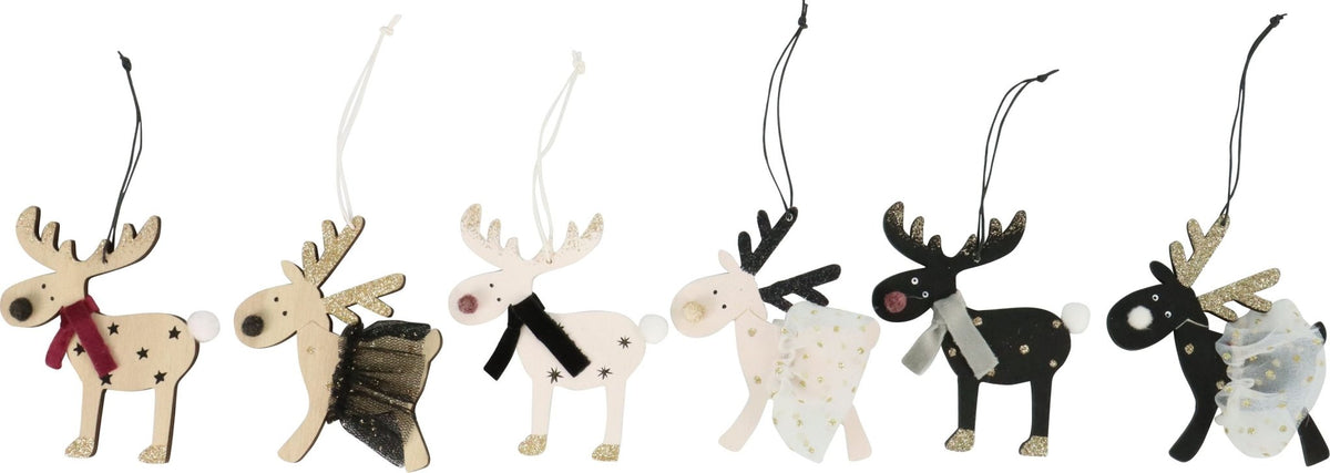 Festliche Rentieranhänger – 6er-Set aus Holz mit goldenen Glitzerdetails