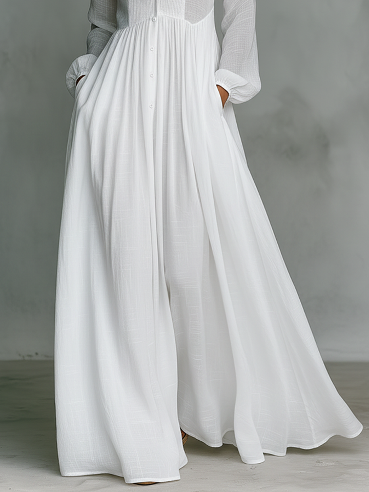 Minimalist Maxi Dress in Cotton and Linen with Patchwork, Stand-up Collar and Long Sleeves