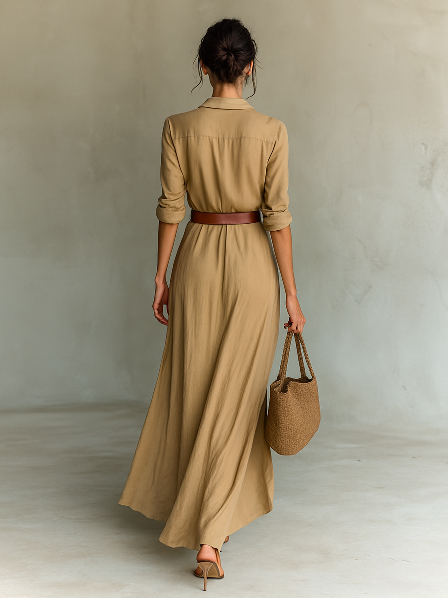 Long Maxi Dress with Lapel Collar and Long Sleeves for Women