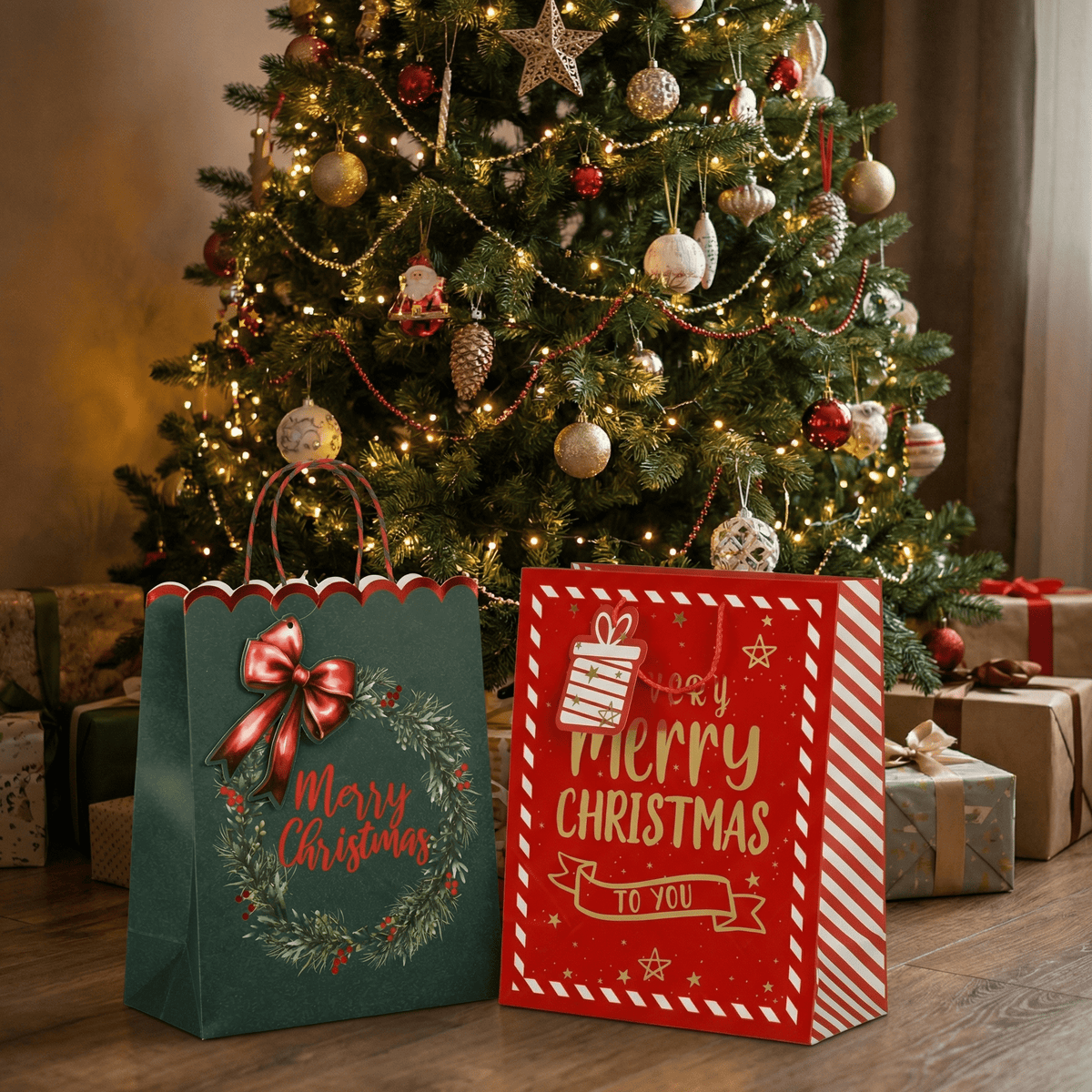 Geschenktasche „Merry Christmas“ Grün (32 x 26 x 12 cm)