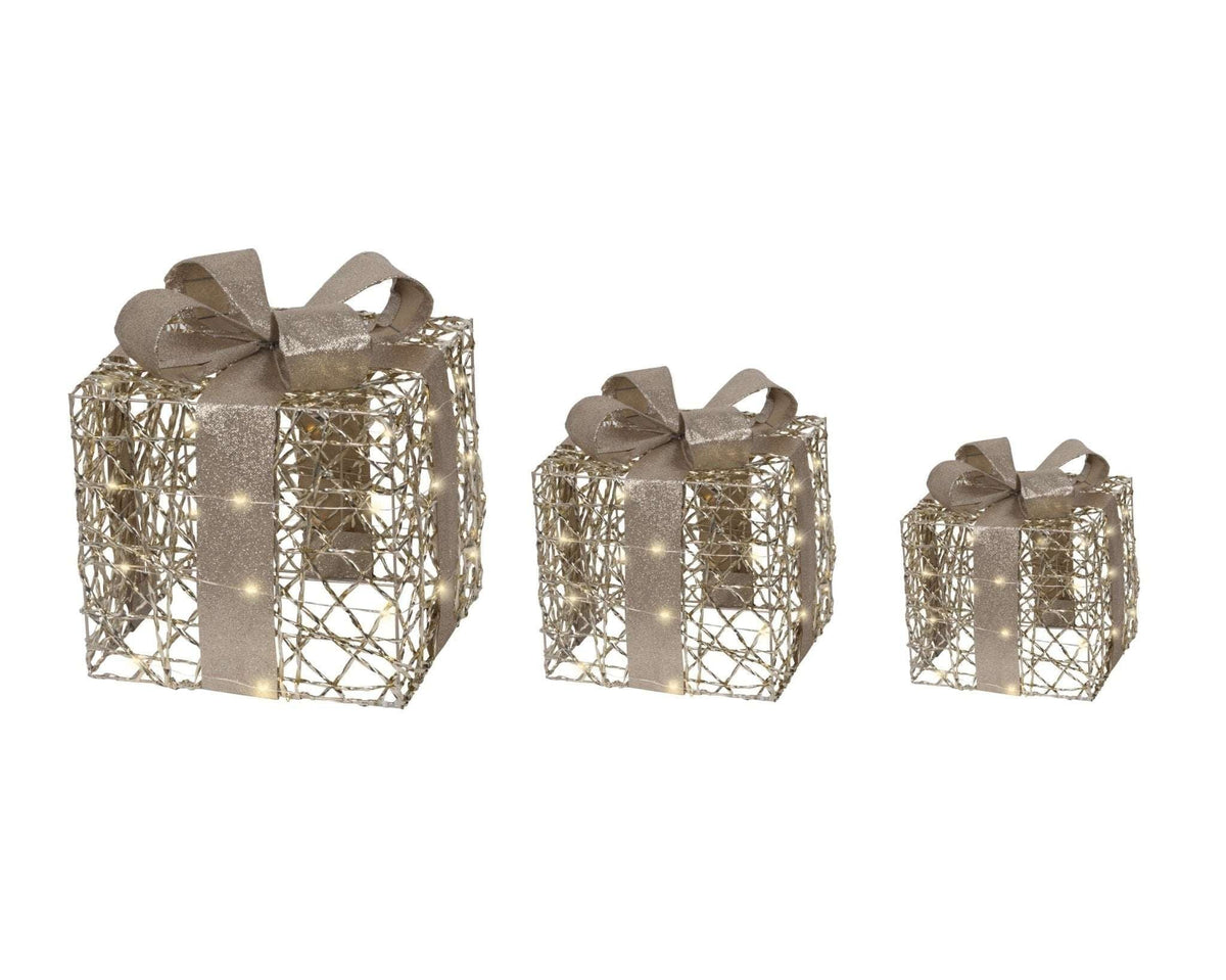 LED-Geschenkboxen 3er-Set Gold (30 x 25 x 25 cm)