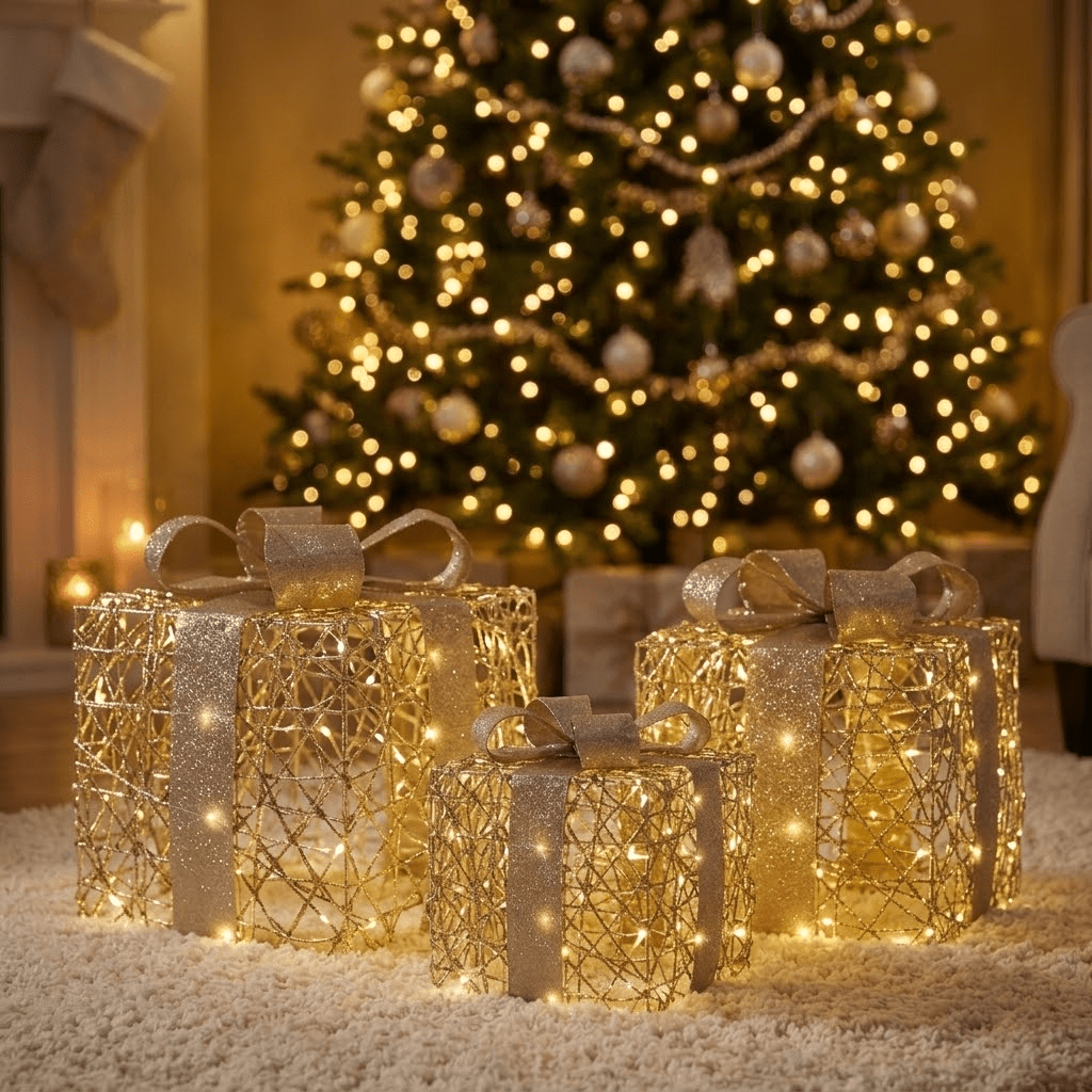 LED-Geschenkboxen 3er-Set Gold (30 x 25 x 25 cm)