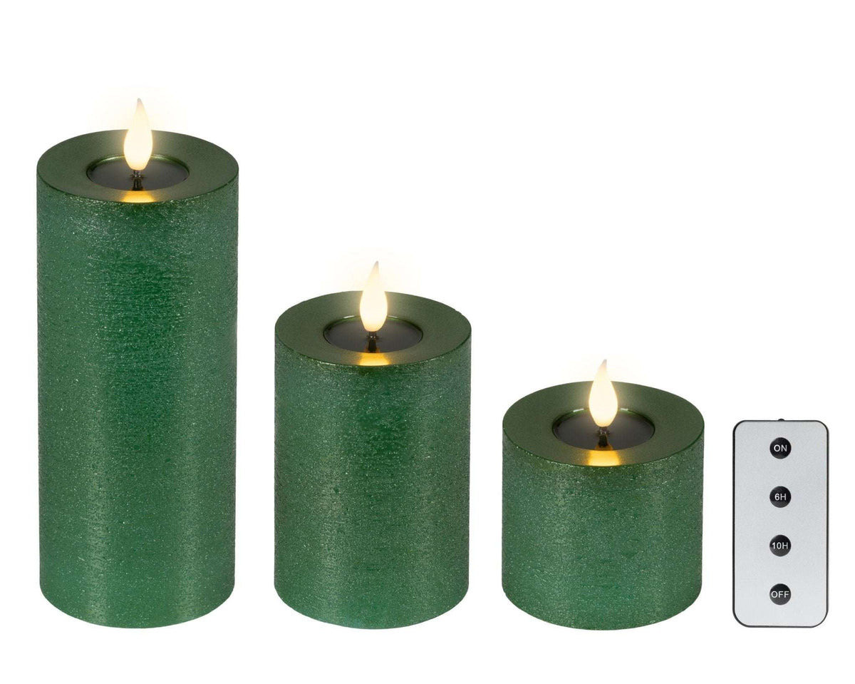 LED-Kerzen 3er-Set in Wachsoptik Grün (20 cm, 12,5 cm, 7,5 cm) Indoor