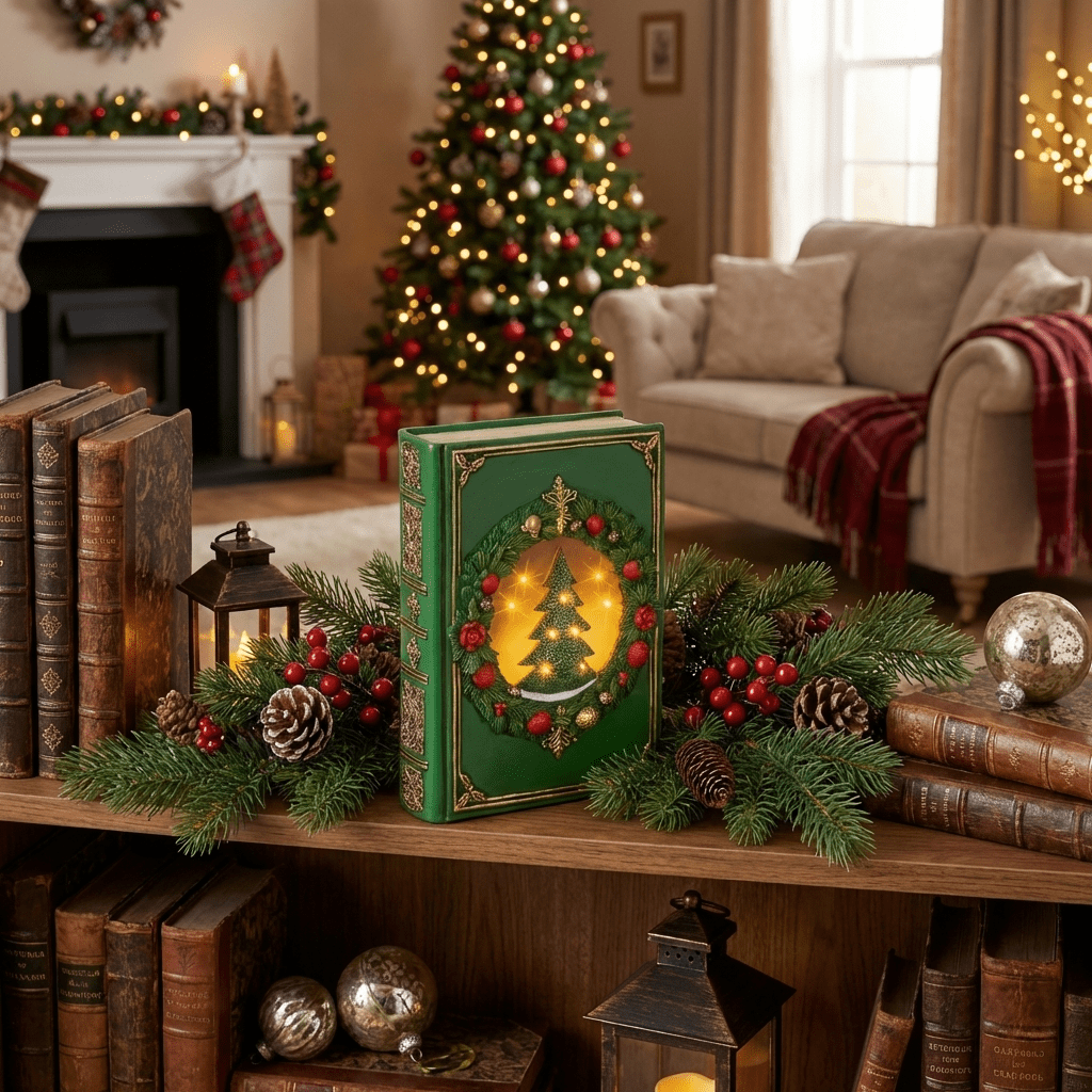 LED-Weihnachts-Dekobuch Grün mit Goldprägung (22 x 16,5 x 6,5 cm)