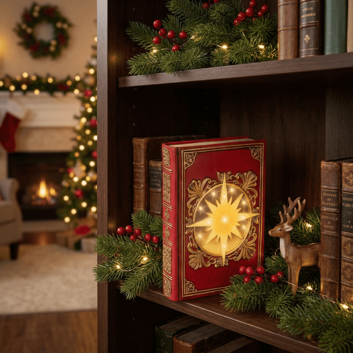 LED-Weihnachts-Dekobuch Rot mit Goldprägung (22 x 16,5 x 6,5 cm)