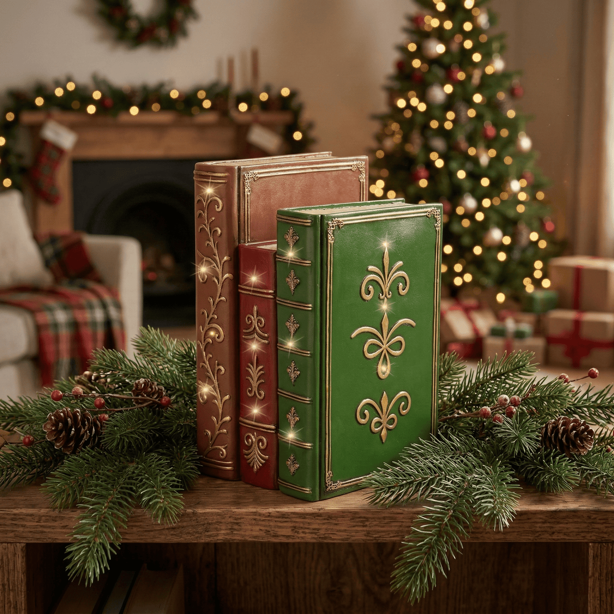 LED-Weihnachts-Dekobücher mit Goldprägung (27 x 18,5 x 15,5 cm)
