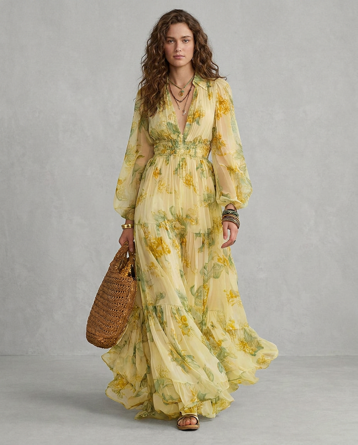Sophia | Yellow Chiffon Boho Maxi Dress