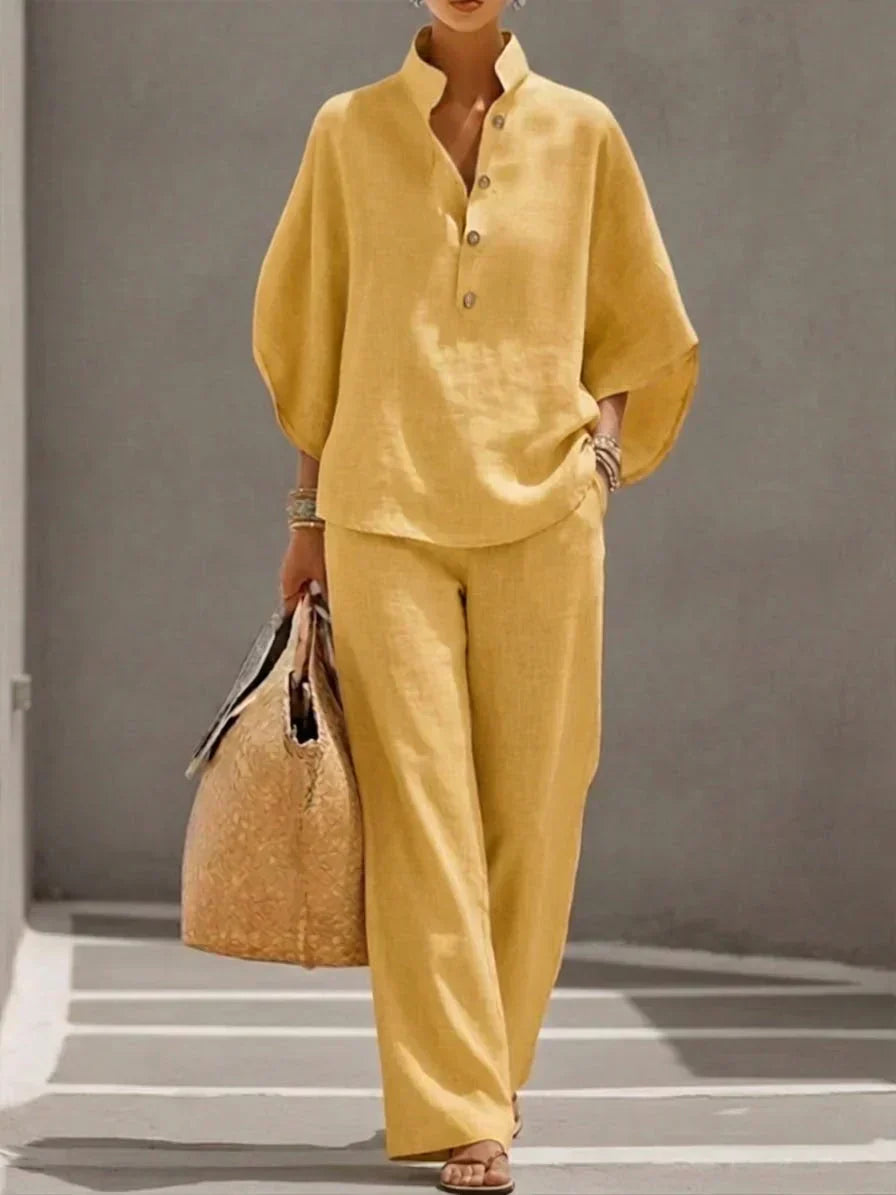 Camille™ | Linen set with batwing sleeves and wide-leg pants