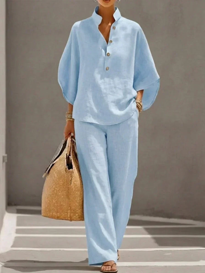Camille™ | Linen set with batwing sleeves and wide-leg pants