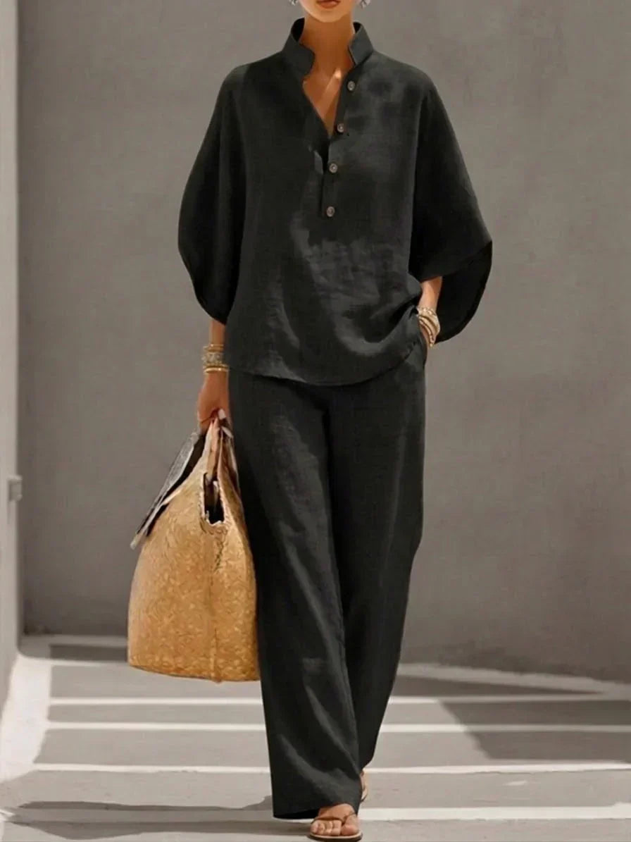 Camille™ | Linen set with batwing sleeves and wide-leg pants