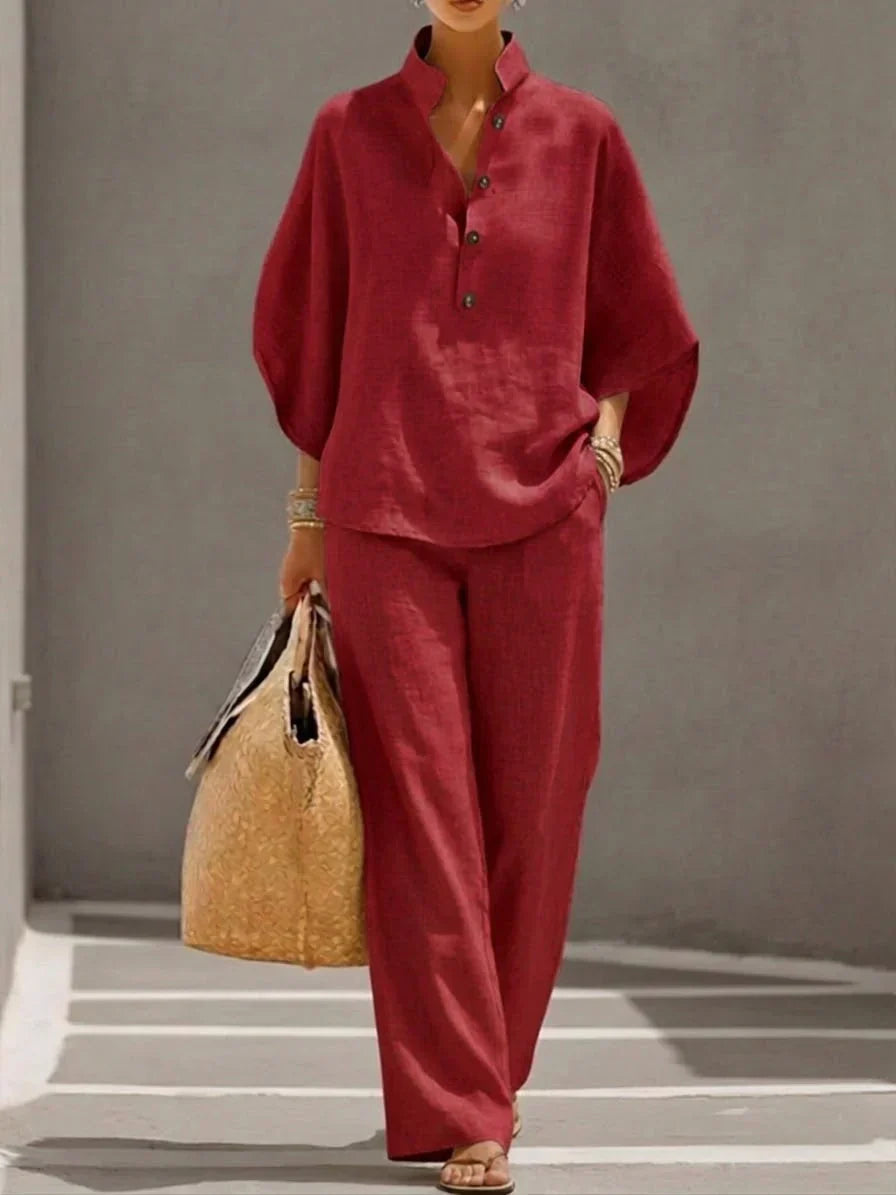 Maribel™ | Linen set with bat sleeves and wide pants