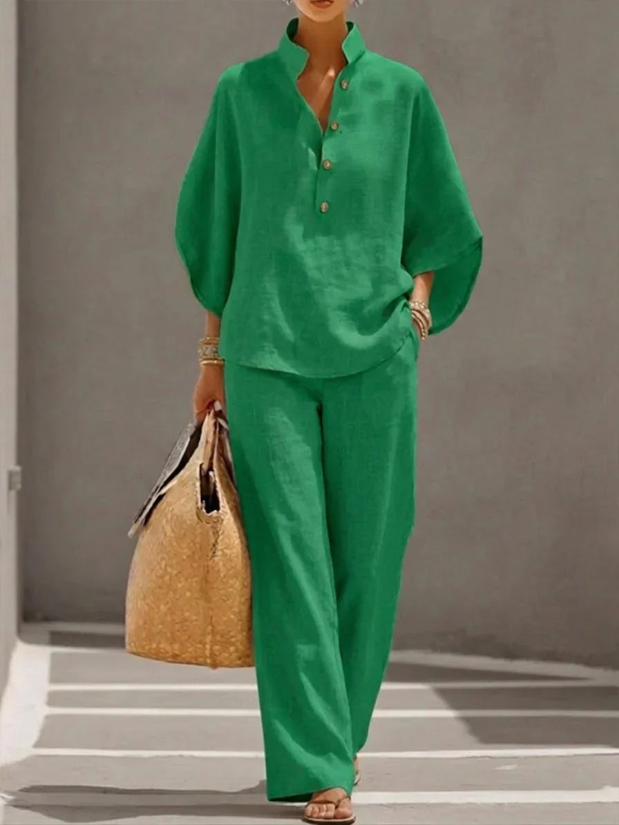 Maribel™ | Linen set with bat sleeves and wide pants