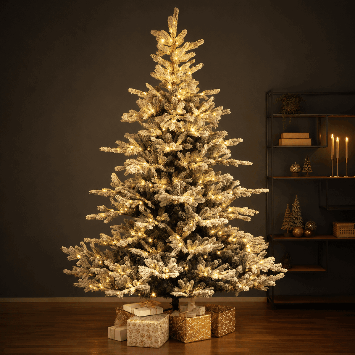 Premium Tanne "Grandis Fir" verschneit mit warmweißer Beleuchtung – 210 cm