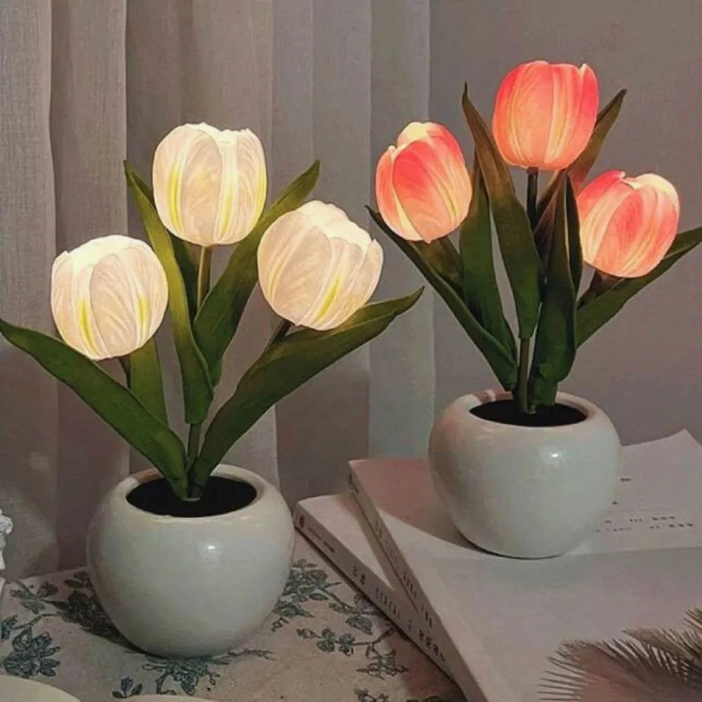 Tulpen-Nachtlicht mit LED in verschiedenen Farben und Topf
