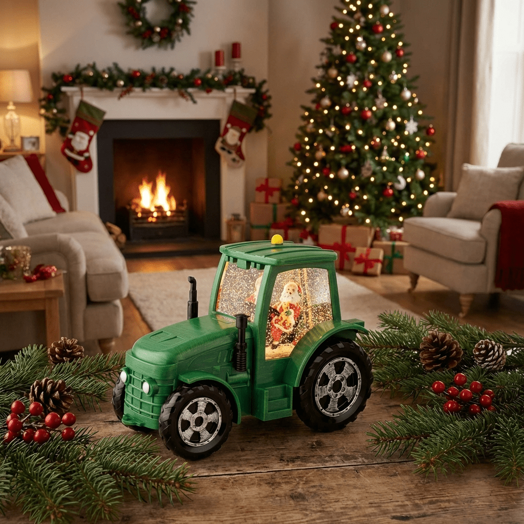 Traktor „Santa on Tour“ mit Schneeeffekt (17 x 22 x 11,3 cm)