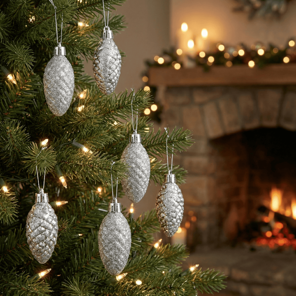 Zapfenanhänger „Weihnachtsglanz“ Silber 12-tlg. (6 cm)