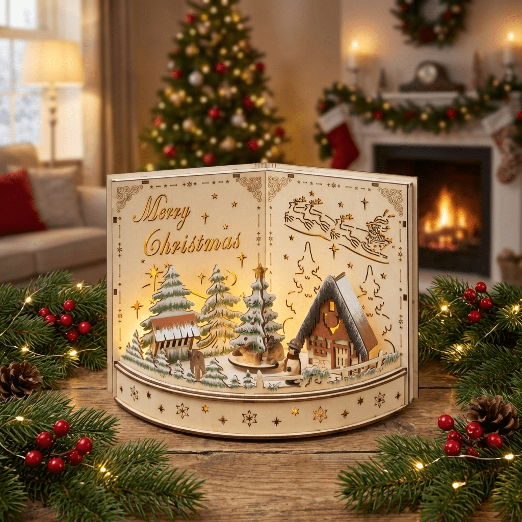 Zauberhafte Weihnachtswelt aus Holz mit LED (30 x 22 x 14,5 cm)